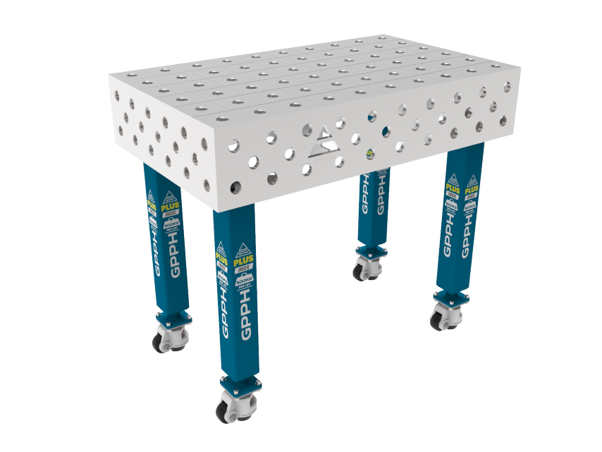 Stół Spawalniczy PLUS INOX 1000 x 600 mm Siatka - 100x100mm, System - Φ28, Nogi - Na kołach, Blat - Blat PLUS INOX