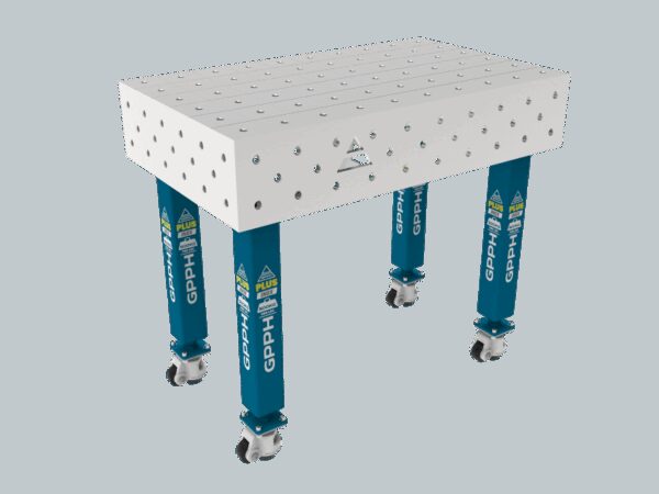 Stół Spawalniczy PLUS INOX 1000 x 600 mm Siatka - 100x100mm, System - Φ16, Nogi - Na kołach, Blat - Blat PLUS INOX