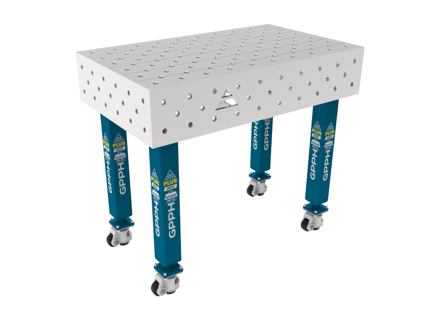 Stół Spawalniczy PLUS INOX 1000 x 600 mm Siatka - diagonalna, System - Φ16, Nogi - Na kołach, Blat - Blat PLUS INOX