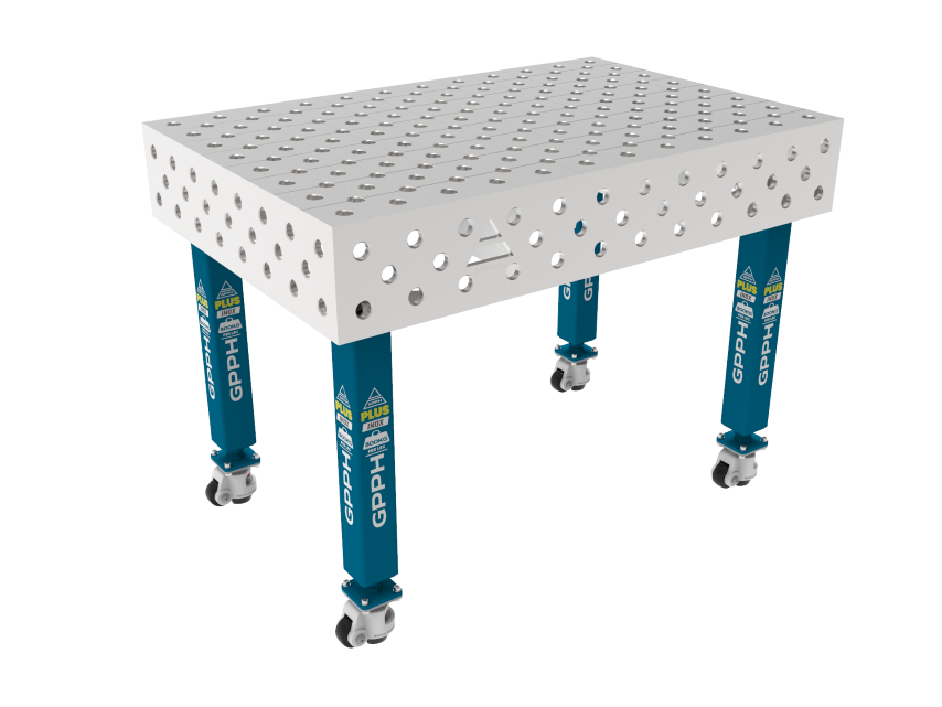 Stół Spawalniczy PLUS INOX 1200 x 800 mm Siatka - diagonalna, System - Φ28, Nogi - Na kołach, Blat - Blat PLUS INOX