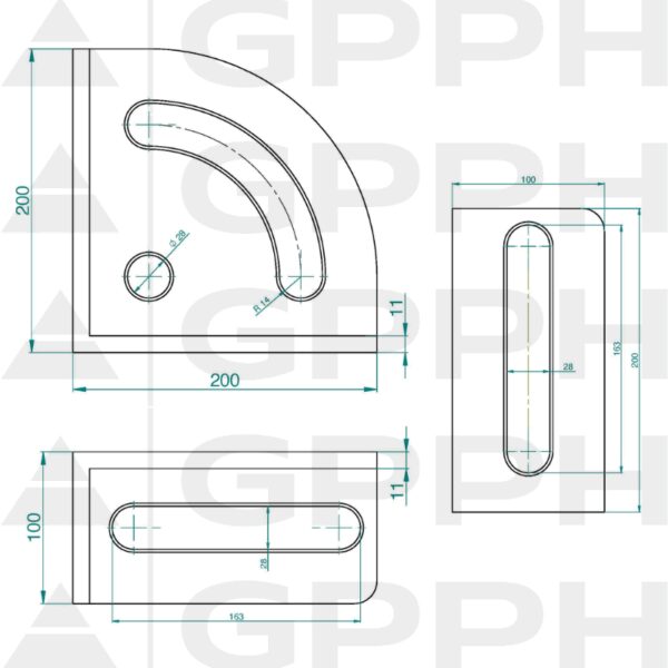 Kątownik 200x200mm, System - Φ28, Seria - PLUS rysunek techniczny