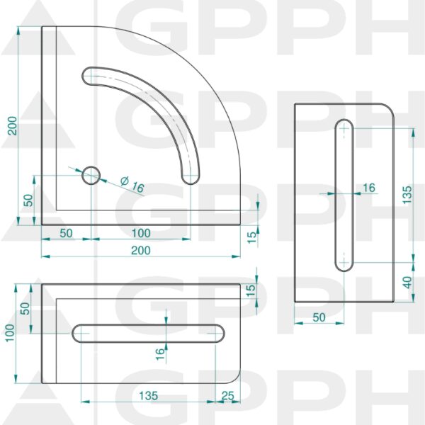 Kątownik 200x200mm, System - Φ16, Seria - PRO rysunek techniczny