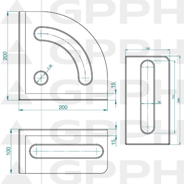 Kątownik 200x200mm, System - Φ28, Seria - PRO rysunek techniczny