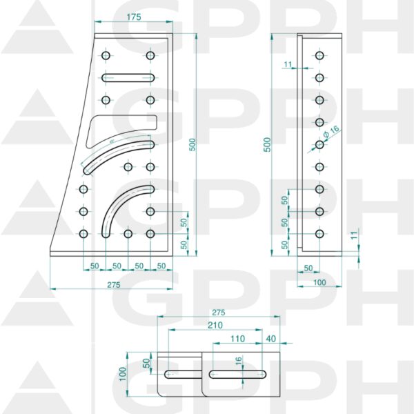 Kątownik 275x500x175x100mm, System - Φ16, Seria - PLUS rysunek techniczny