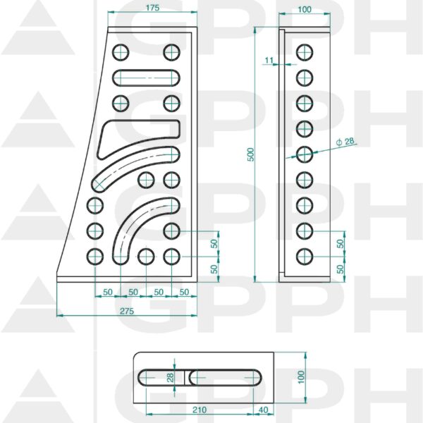 Kątownik 275x500x175x100mm, System - Φ28, Seria - PLUS rysunek techniczny