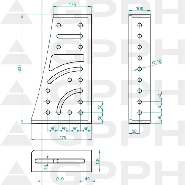 Kątownik 275x500x175x100mm, System - Φ16, Seria - PRO rysunek techniczny
