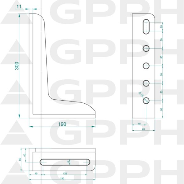 Kątownik 300x190mm, System - Φ16, Seria - PLUS rysunek techniczny
