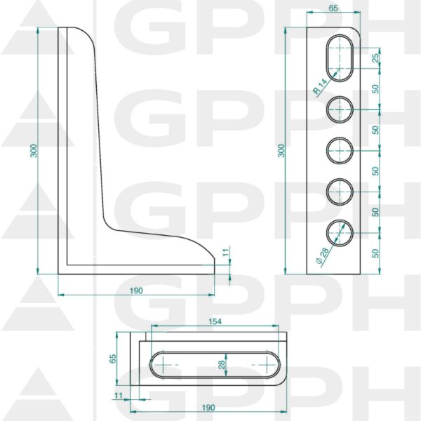 Kątownik 300x190mm, System - Φ28, Seria - PLUS rysunek techniczny