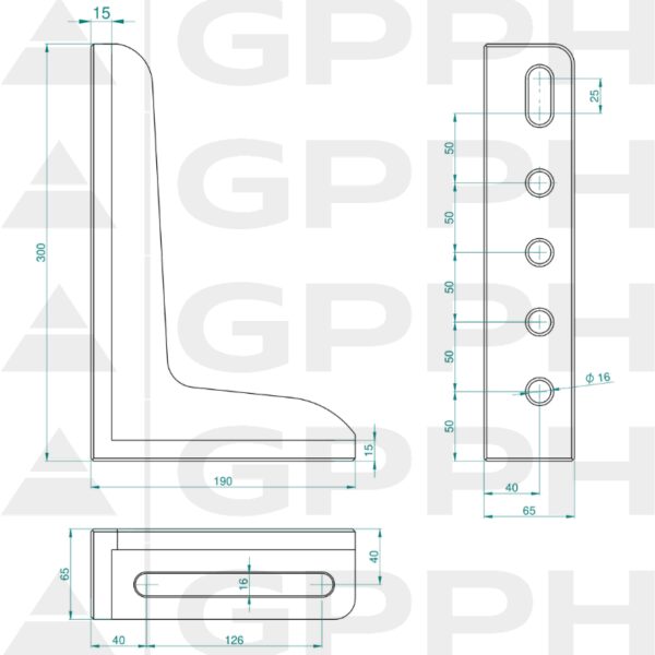 Kątownik 300x190mm, System - Φ16, Seria - PRO rysunek techniczny