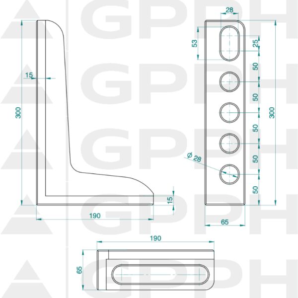 Kątownik 300x190mm, System - Φ28, Seria - PRO rysunek techniczny