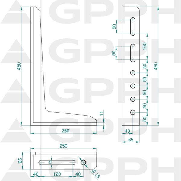 Kątownik 450x250mm, System - Φ16, Seria - PLUS rysunek techniczny
