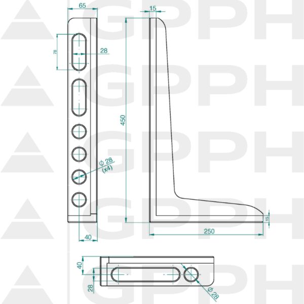 Kątownik 450x250mm, System - Φ28, Seria - PRO rysunek techniczny
