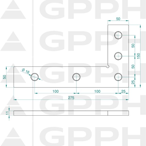 Winkiel płaski 275x150mm, System - Φ16, Seria - PLUS rysunek techniczny