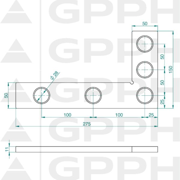 Winkiel płaski 275x150mm, System - Φ28, Seria - PLUS rysunek techniczny
