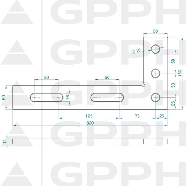 Winkiel płaski 320x150mm, System - Φ16, Seria - PLUS rysunek techniczny