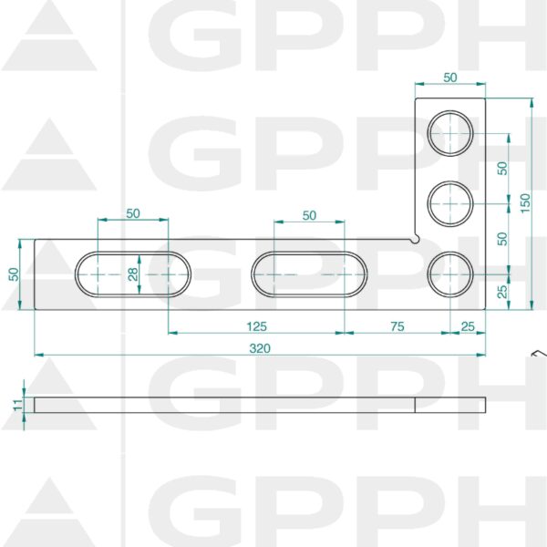 Winkiel płaski 320x150mm, System - Φ28, Seria - PLUS rysunek techniczny