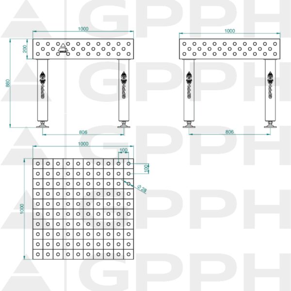 Stół Spawalniczy PRO Rozmiar - 1000x1000mm, Siatka - 100x100mm, System - Φ28, Nogi - Na stopach Rysunek techniczny