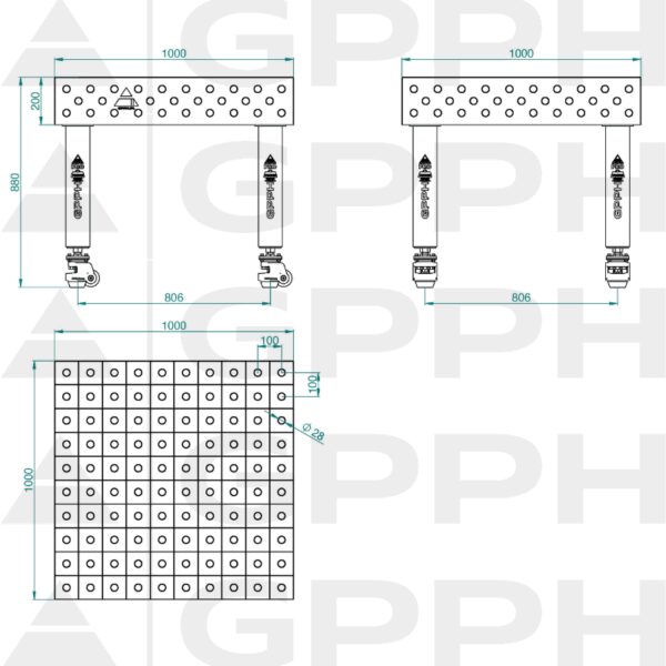 Stół Spawalniczy PRO Rozmiar - 1000x1000mm, Siatka - 100x100mm, System - Φ28, Nogi - Na kołach Rysunek techniczny
