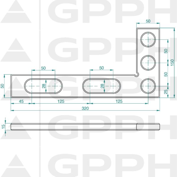 Winkiel płaski 320x150mm, System - Φ28, Seria - PRO rysunek techniczny