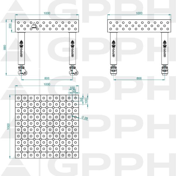 Stół Spawalniczy PRO Rozmiar - 1000x1000mm, Siatka - diagonalna, System - Φ28, Nogi - Na kołach Rysunek techniczny