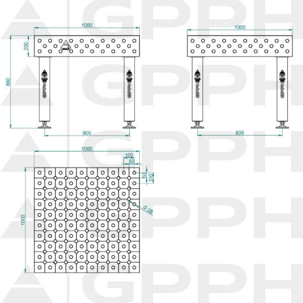 Stół Spawalniczy PRO Rozmiar - 1000x1000mm, Siatka - diagonalna, System - Φ28, Nogi - Na stopach Rysunek techniczny