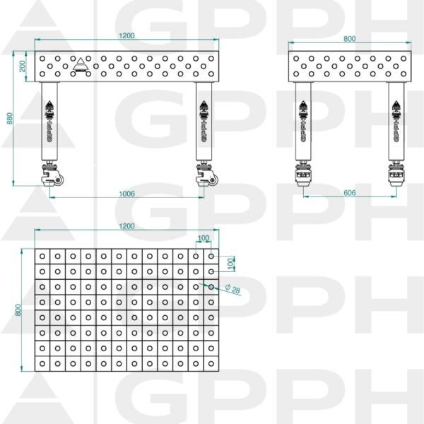 Stół Spawalniczy PRO Rozmiar - 1200x800mm, Siatka - 100x100mm, System - Φ28, Nogi - Na kołach Rysunek techniczny