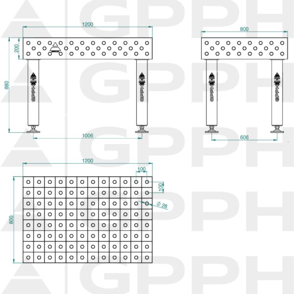 Stół Spawalniczy PRO Rozmiar - 1200x800mm, Siatka - 100x100mm, System - Φ28, Nogi - Na stopach Rysunek techniczny