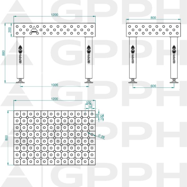 Stół Spawalniczy PRO Rozmiar - 1200x800mm, Siatka - diagonalna, System - Φ28, Nogi - Na stopach Rysunek techniczny