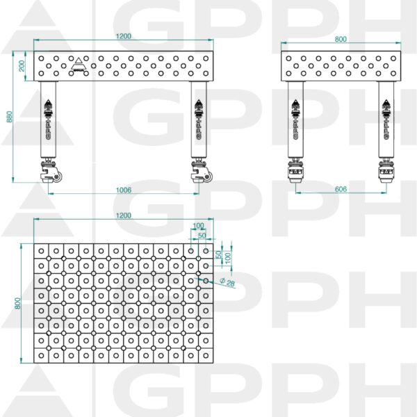 Stół Spawalniczy PRO Rozmiar - 1200x800mm, Siatka - diagonalna, System - Φ28, Nogi - Na kołach Rysunek techniczny