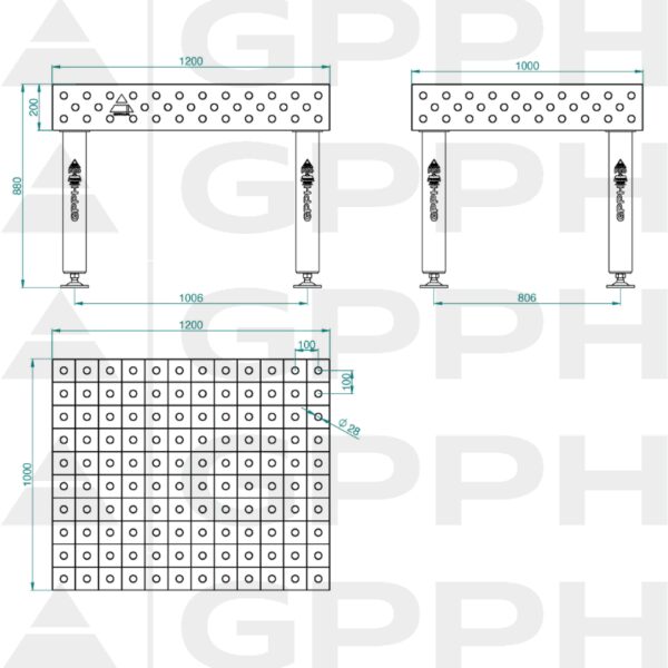Stół Spawalniczy PRO Rozmiar - 1200x1000mm, Siatka - 100x100mm, System - Φ28, Nogi - Na stopach Rysunek techniczny