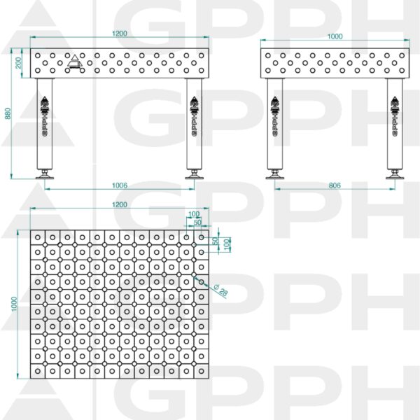 Stół Spawalniczy PRO Rozmiar - 1200x1000mm, Siatka - diagonalna, System - Φ28, Nogi - Na stopach Rysunek techniczny