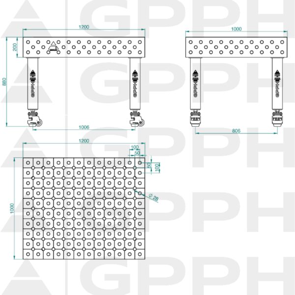 Stół Spawalniczy PRO Rozmiar - 1200x1000mm, Siatka - diagonalna, System - Φ28, Nogi - Na kołach Rysunek techniczny