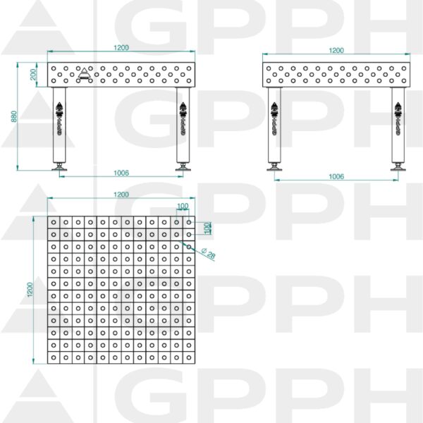 Stół Spawalniczy PRO Siatka - 100x100mm, System - Φ28, Rozmiar - 1200x1200mm, Nogi - Na stopach Rysunek techniczny