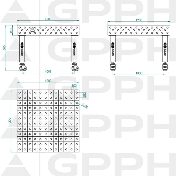 Stół Spawalniczy PRO Siatka - 100x100mm, System - Φ28, Rozmiar - 1200x1200mm, Nogi - Na kołach Rysunek techniczny