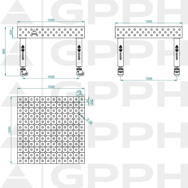 Stół Spawalniczy PRO Siatka - diagonalna, System - Φ28, Rozmiar - 1200x1200mm, Nogi - Na kołach Rysunek techniczny