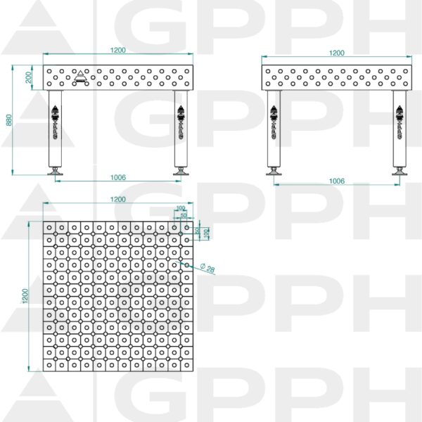 Stół Spawalniczy PRO Siatka - diagonalna, System - Φ28, Rozmiar - 1200x1200mm, Nogi - Na stopach Rysunek techniczny