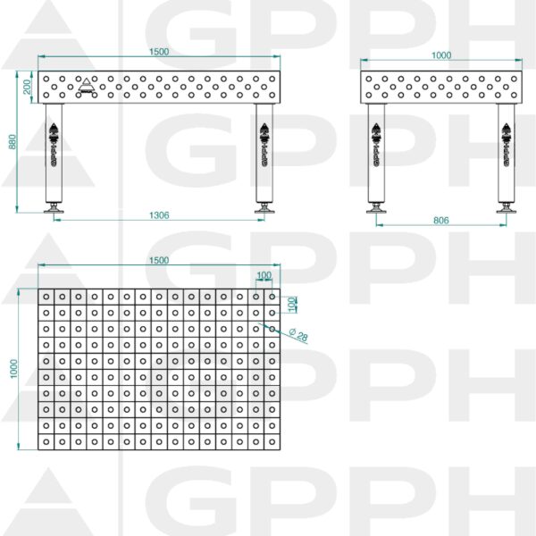 Stół Spawalniczy PRO Siatka - 100x100mm, System - Φ28, Rozmiar - 1500x1000mm, Nogi - Na stopach Rysunek techniczny
