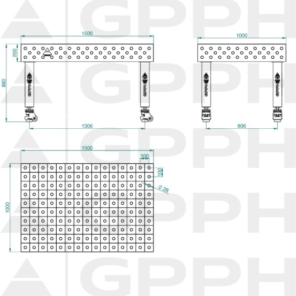 Stół Spawalniczy PRO Siatka - 100x100mm, System - Φ28, Rozmiar - 1500x1000mm, Nogi - Na kołach Rysunek techniczny