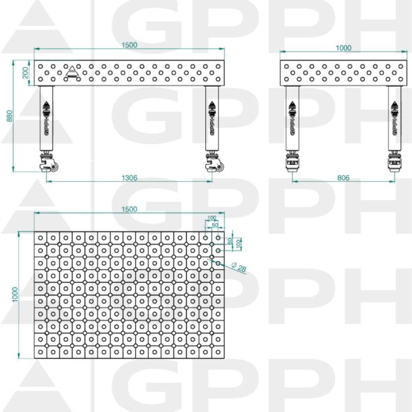 Stół Spawalniczy PRO Siatka - diagonalna, System - Φ28, Rozmiar - 1500x1000mm, Nogi - Na kołach Rysunek techniczny