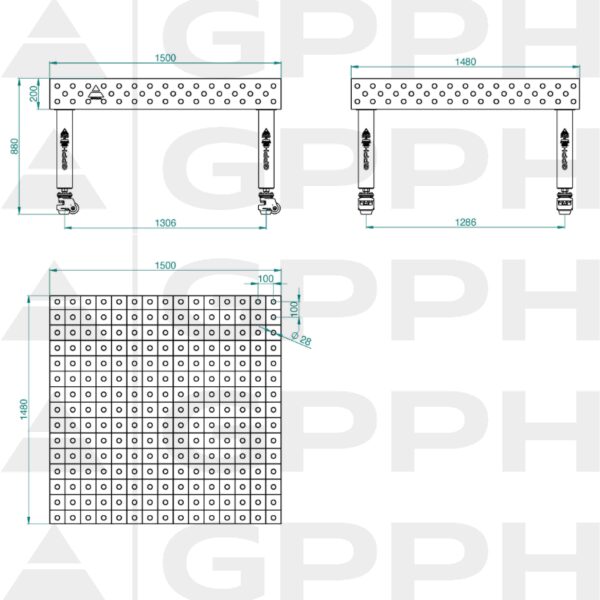 Stół Spawalniczy PRO Siatka - 100x100mm, System - Φ28, Rozmiar - 1500x1480mm, Nogi - Na kołach Rysunek techniczny