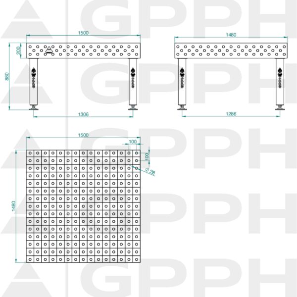 Stół Spawalniczy PRO Siatka - 100x100mm, System - Φ28, Rozmiar - 1500x1480mm, Nogi - Na stopach Rysunek techniczny