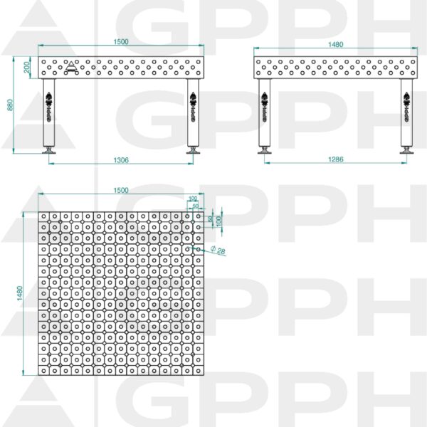 Stół Spawalniczy PRO Siatka - diagonalna, System - Φ28, Rozmiar - 1500x1480mm, Nogi - Na stopach Rysunek techniczny