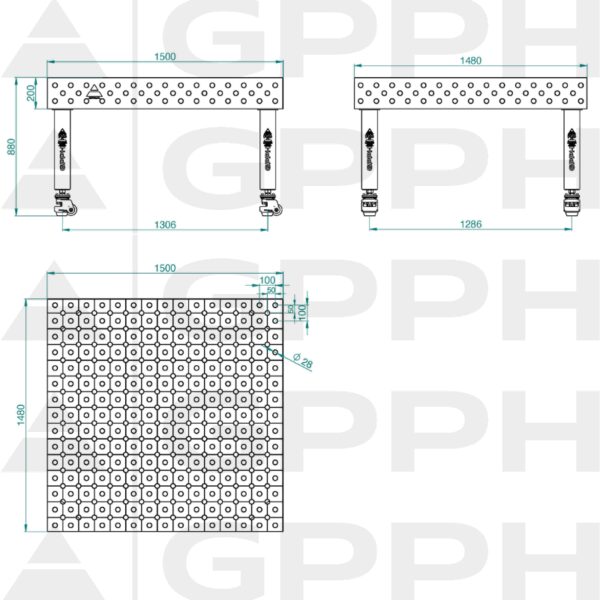 Stół Spawalniczy PRO Siatka - diagonalna, System - Φ28, Rozmiar - 1500x1480mm, Nogi - Na kołach Rysunek techniczny