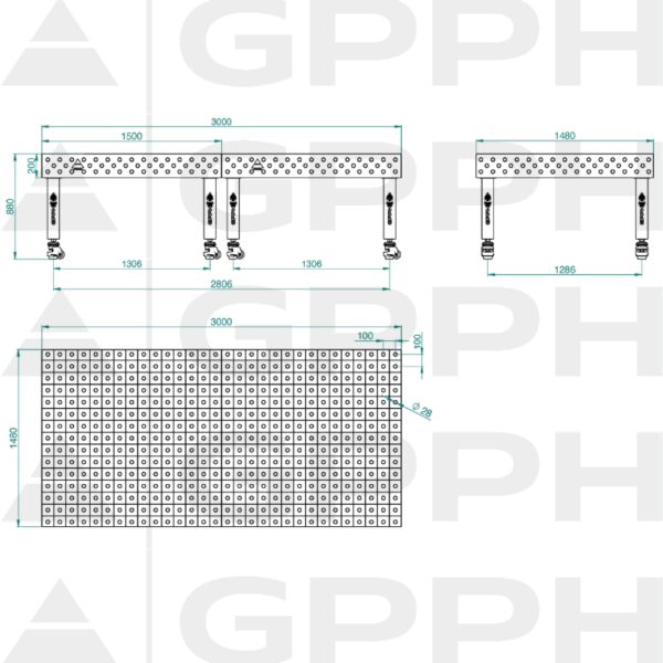 Stół Spawalniczy PRO Rozmiar - 3000x1480mm, Siatka - 100x100mm, System - Φ28, Nogi - Na kołach Rysunek techniczny