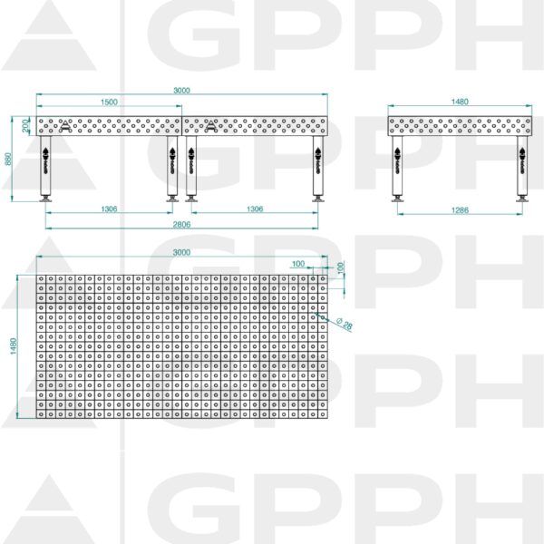 Stół Spawalniczy PRO Rozmiar - 3000x1480mm, Siatka - 100x100mm, System - Φ28, Nogi - Na stopach Rysunek techniczny