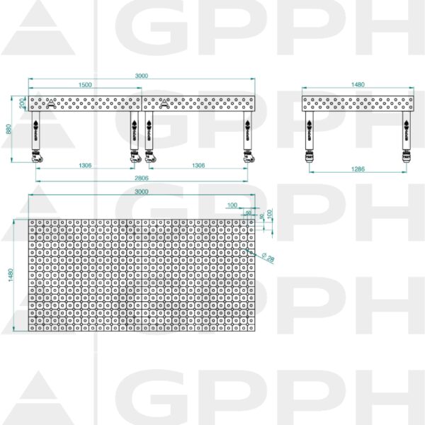 Stół Spawalniczy PRO Rozmiar - 3000x1480mm, Siatka - diagonalna, System - Φ28, Nogi - Na kołach Rysunek techniczny