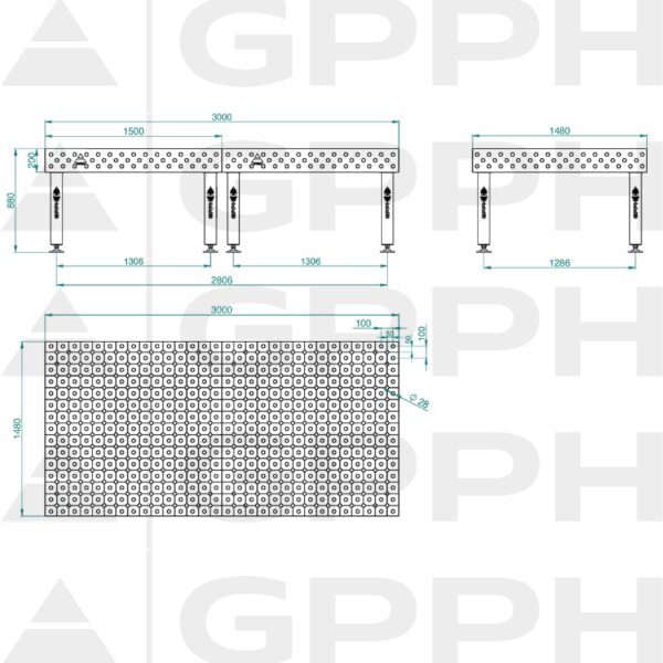 Stół Spawalniczy PRO Rozmiar - 3000x1480mm, Siatka - diagonalna, System - Φ28, Nogi - Na stopach Rysunek techniczny
