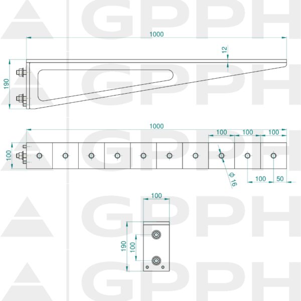 Przedłużenie 1000x100mm, Siatka - 100x100mm, System - Φ16, Seria - PLUS| Rysunek techniczny
