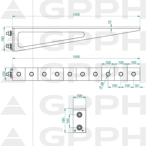 Przedłużenie 1000x100mm, Siatka - 100x100mm, System - Φ28, Seria - PLUS | Rysunek techniczny