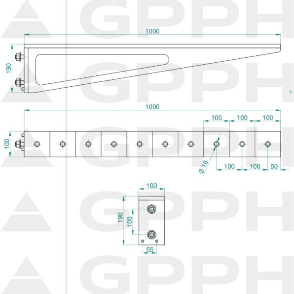 Przedłużenie 1000x100mm, Siatka - 100x100mm, System - Φ16, Seria - PRO| Rysunek techniczny